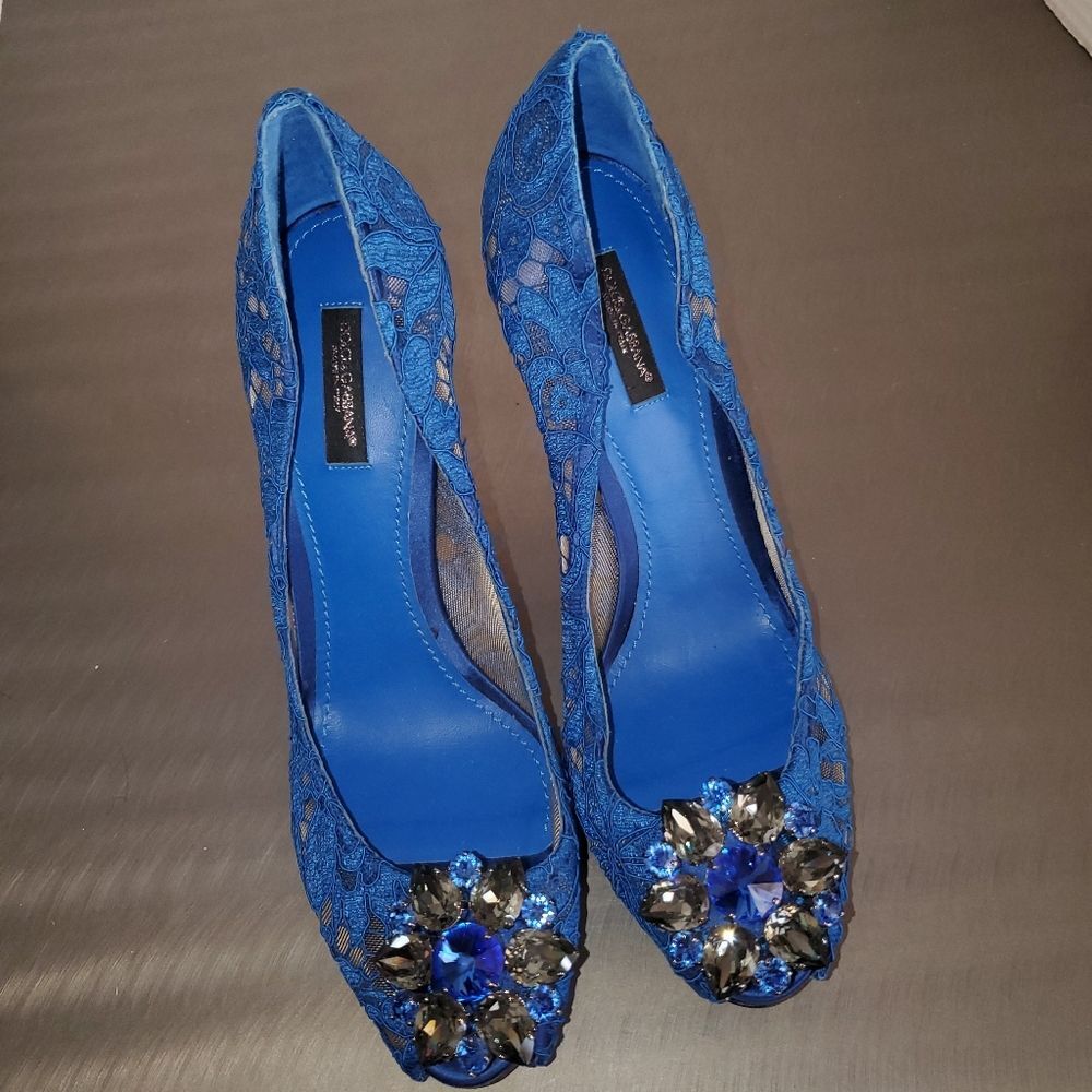 DOLCE & GABBANA Taormina Lace Crystals Blue Peep Toe Pump Heel Twee 39.5 - Picture 7 of 15